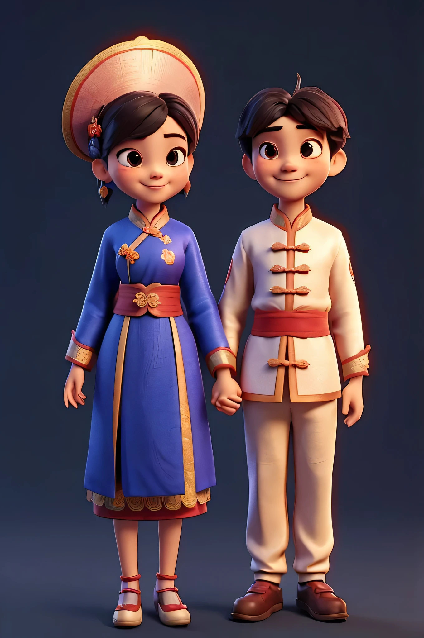 (masterpiece, best quality:1.2),1 couple,very cute，Hold hands face to face,Smile at each other，Wearing traditional Chinese clothing, 3D Style，C4D，Clean background,8K,K, HD, unparalleled masterpiece, Studio Lighting