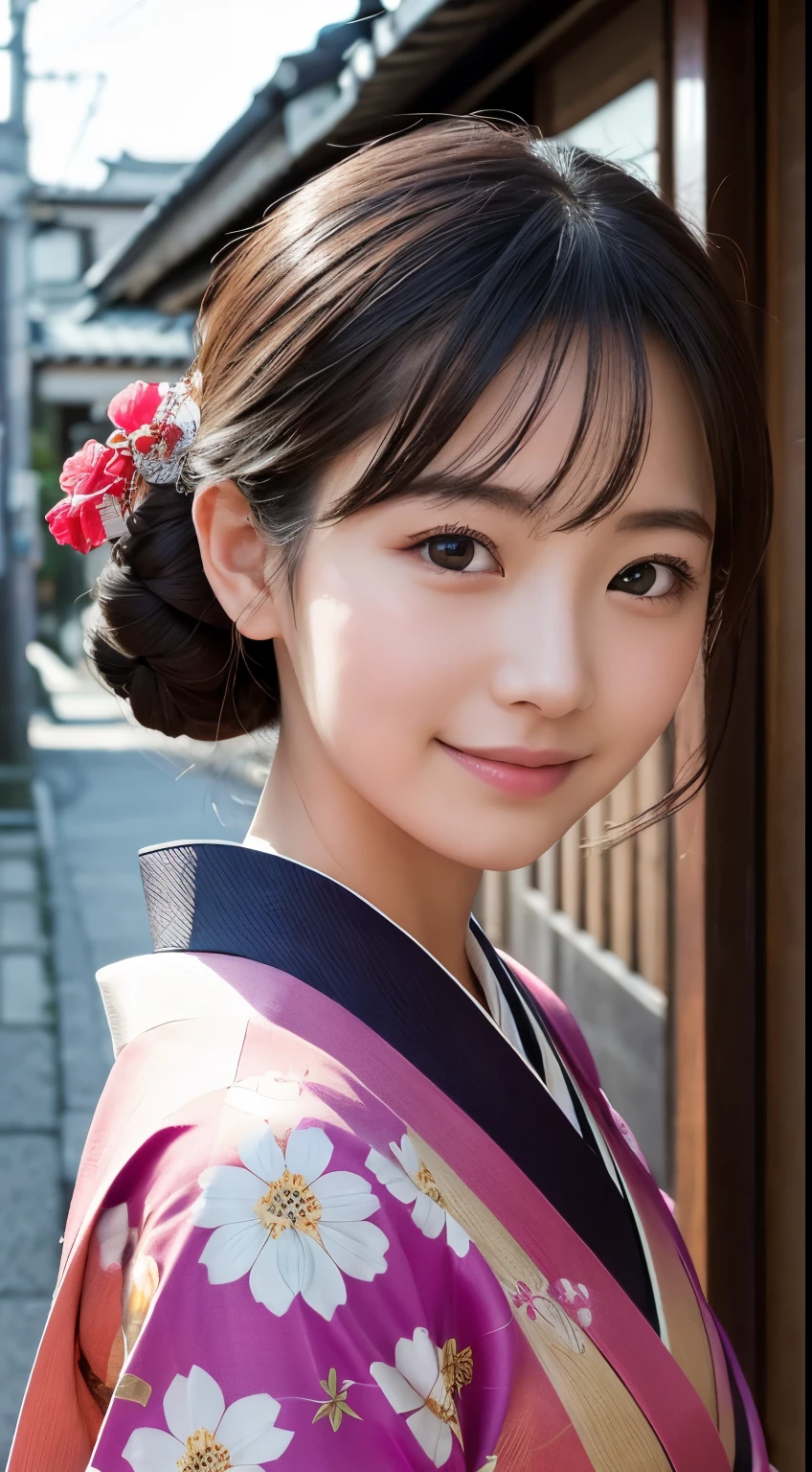 Professional Lighting,(Realistic:1.4), (Top image quality:1.0), (超High resolution:1.0), 8k, Raw photography, (masterpiece:0.2), (Dealing with the Children_v1:0.5)、(最高quality Detail:1.2)、Realistic、8kウルトラHD、High resolution、(1 girl:1.2)、超detailedな、High quality textures、複雑なdetailed、detailed、Very detailed CG、High quality shadows、detailed 美しく繊細な顔、Beautiful details and a delicate eye、(Symmetrical eyes:1.2),Written boundary depth、Ray Tracing,1 girl, Japanese Girls, (Natural smile:1.4),cute, thin, Portrait of a beautiful Japanese woman in a kimono, Standing elegantly on a street corner in Kyoto. Kimono with vibrant traditional patterns, Hair decorated with elegant and delicate hairpins, Gentle expression. (With the old streets of Kyoto in the background:1.4)、The soft light of a spring afternoon、Adding tranquility to the scene. Rendered in a Realistic style with great attention to detail, High resolutionの画像.Sky Porn, Magic Hour, (Realistic:1.3), finely, quality, (Tabletop:1.2), (Realistic:1.2), (最高quality), (複雑なdetailed), dramatic, Ray Tracing, photograph, +roller