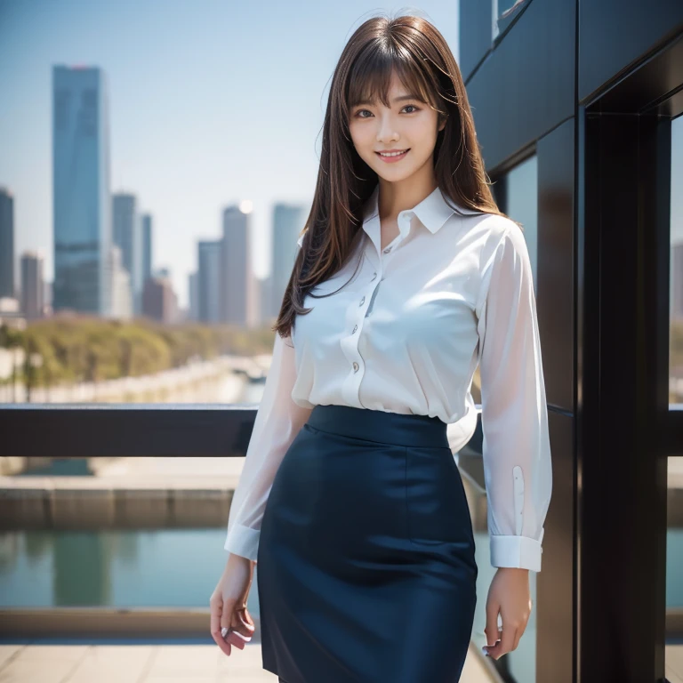 (Calm and gentle look:1.8), (Full Body Shot:1.3), (panorama:1.8), Cinema Lighting, ((Highest quality)), (RAW Photos, Highest quality), ( Realistic:1.4), realism, masterpiece, Very delicate and beautiful, Very detailed, 4K wallpaper, wonderful, finely, Very detailed CG unity 8k wallpaper, Very detailed, High resolution, Soft Light, Japanese, (one shot:1.9), (22 years old:1.6), (Round face:1.2), (Fat:0.8), (A neat and clean woman:1.5), Beautiful detailed woman,Famous Japanese actresses, Detailed face, finelyて美しい目, Very detailedな目と顔, Beautiful eyes and a beautifully detailed nose, Ultra HD glossy lips, (Straight Hair:1.4), Shiny Hair, Shiny Hair, Brown Hair, (bangs:1.4), Long, slender legs, Toned body, (Smiling:1.4), Natural Makeup, (dark blue, business suit, Pencil Skirt:1.4),
(Glass Skyscraper:1.3), (Clear winter blue sky:1.4), (A beautiful form with an inorganic feel),