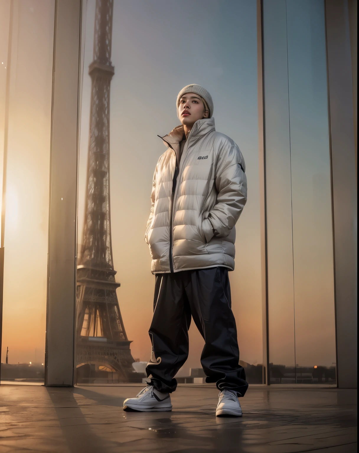 a young hip asian man standing in front of the eiffel tower in paris, detailed face, detailed eyes, detailed hands, long hair, thoughtful expression, city skyline in background, golden hour lighting, cinematic composition, intricate details, dramatic lighting, photorealistic, hyperrealistic, 8k, highly detailed, masterpiece, award winning, artstation
