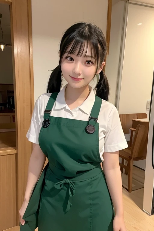 One girl, High resolution, Japanese women in their 20s、Black Hair、Shortcuts、green apron、Green Skirt、restaurant clerk、Twin tails