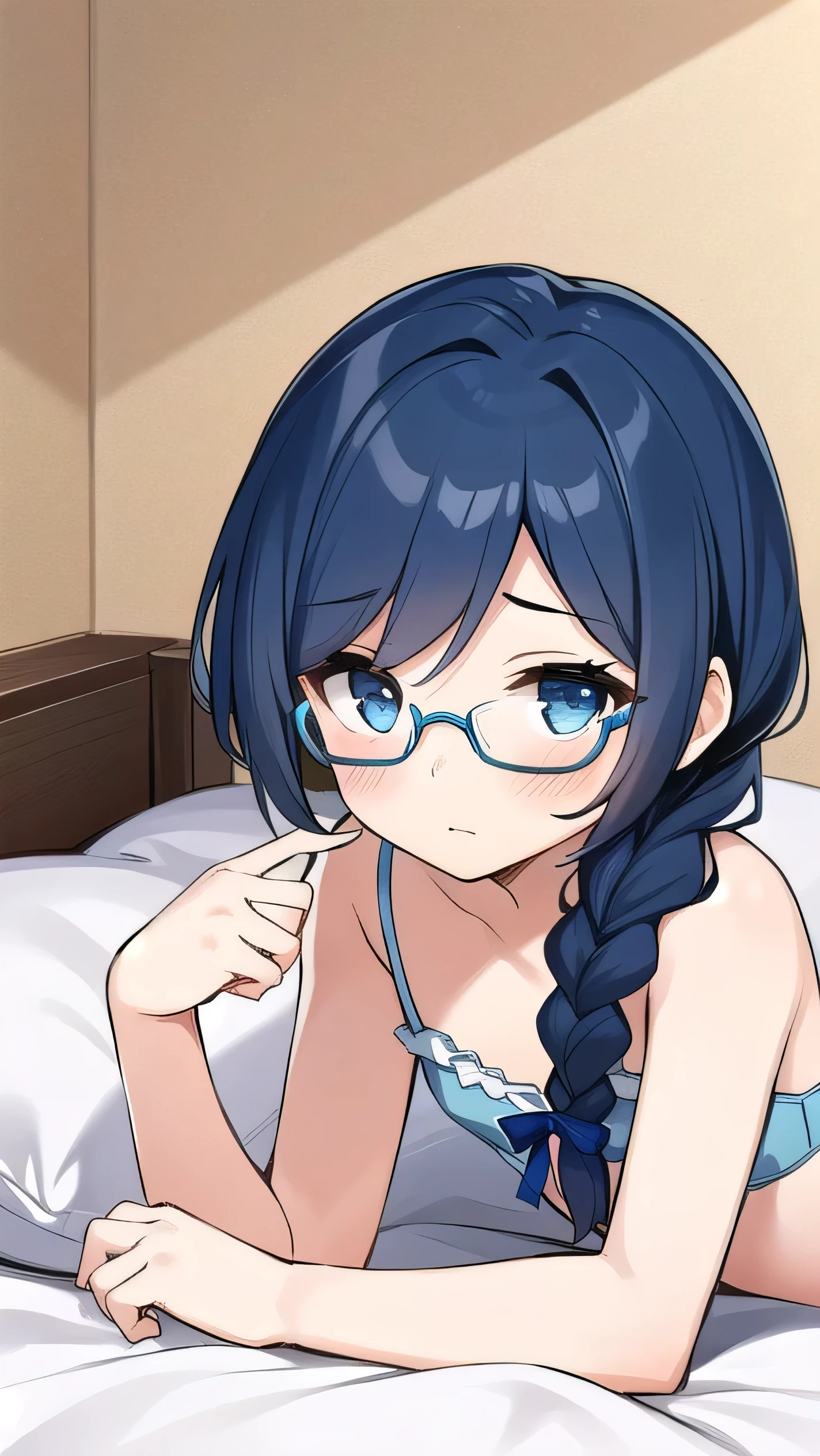 small breasted girl, short, elementary school student, blue hair, single braid, blue eyes, round eyes, short, young face, short height, , glasses with no edges, (Naked: 1.5),nipples are visible,pussy are visible ,flat chest, bed,lying on back pussy are visible,bed, cum in pussy,spread legs,sweating, breathing heavily, ahegao