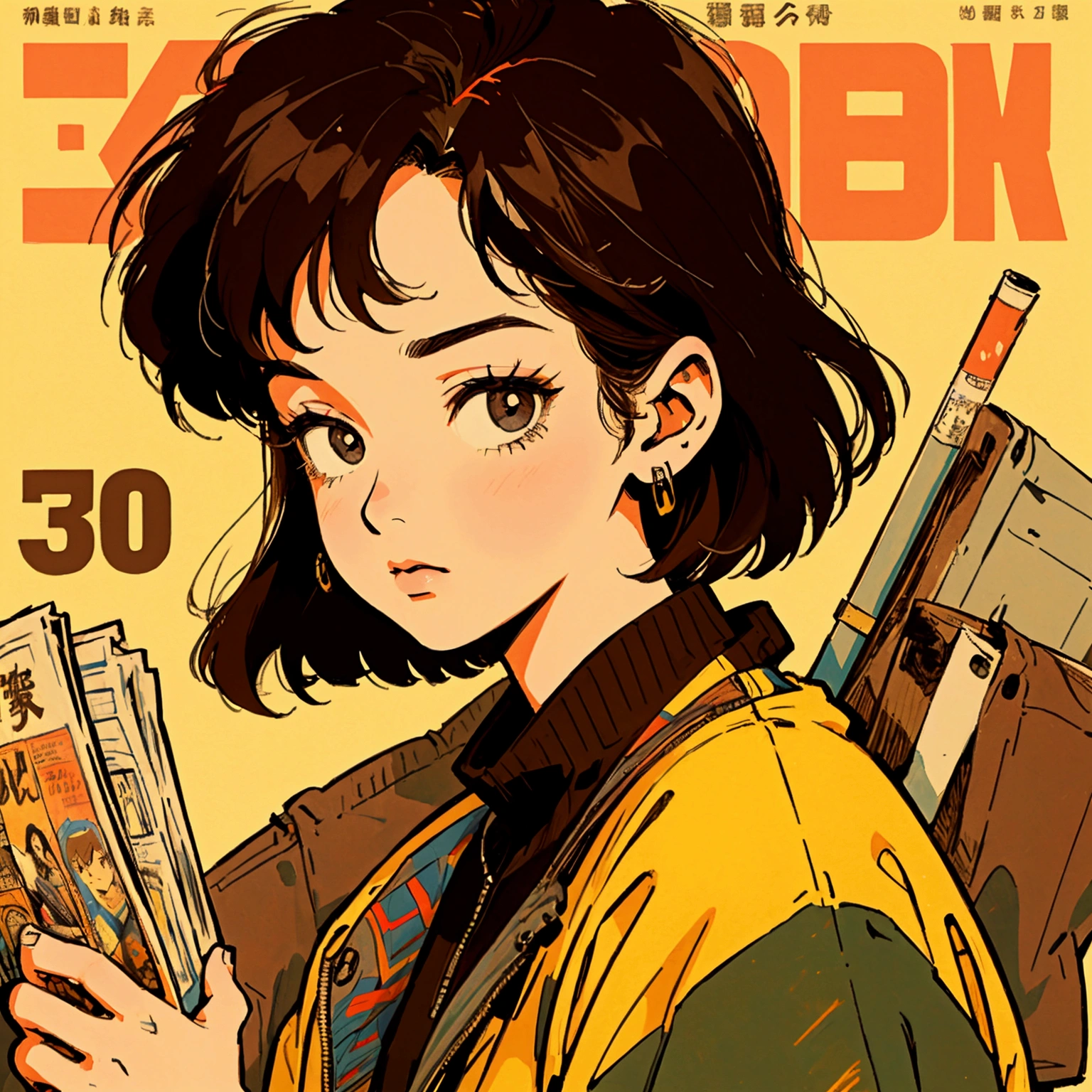 A handson with short brown hair man, beautiful face, female, cartoon illustration, close-up, wearing a retro trend suit jacket, the background is various newspapers and covers, retro grunge style, Japanese style