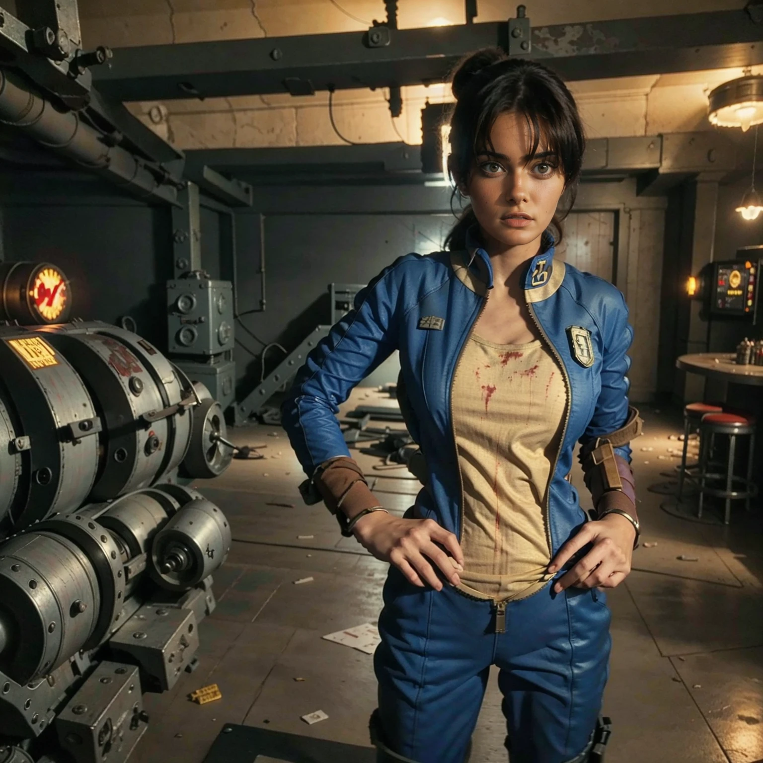 (One person). Fallout TV series. Inside a dimly lit large wreaked smoky room in a post-apocalyptic (casino) in Las Vegas. Vaultsuit Lucy, an 18-year-old vault dweller wearing a blue and gold vaultsuit unzipped top with bloodstains on the t-shirt underneath, her black hair disheveled, with a large ((gun)) in her hand, standing ready to defend herself. Dark room with smoke and small fires in the rubble. Menacing shadows. Dramatic. Cinematic. realistic colors, realistic, photo-realistic.