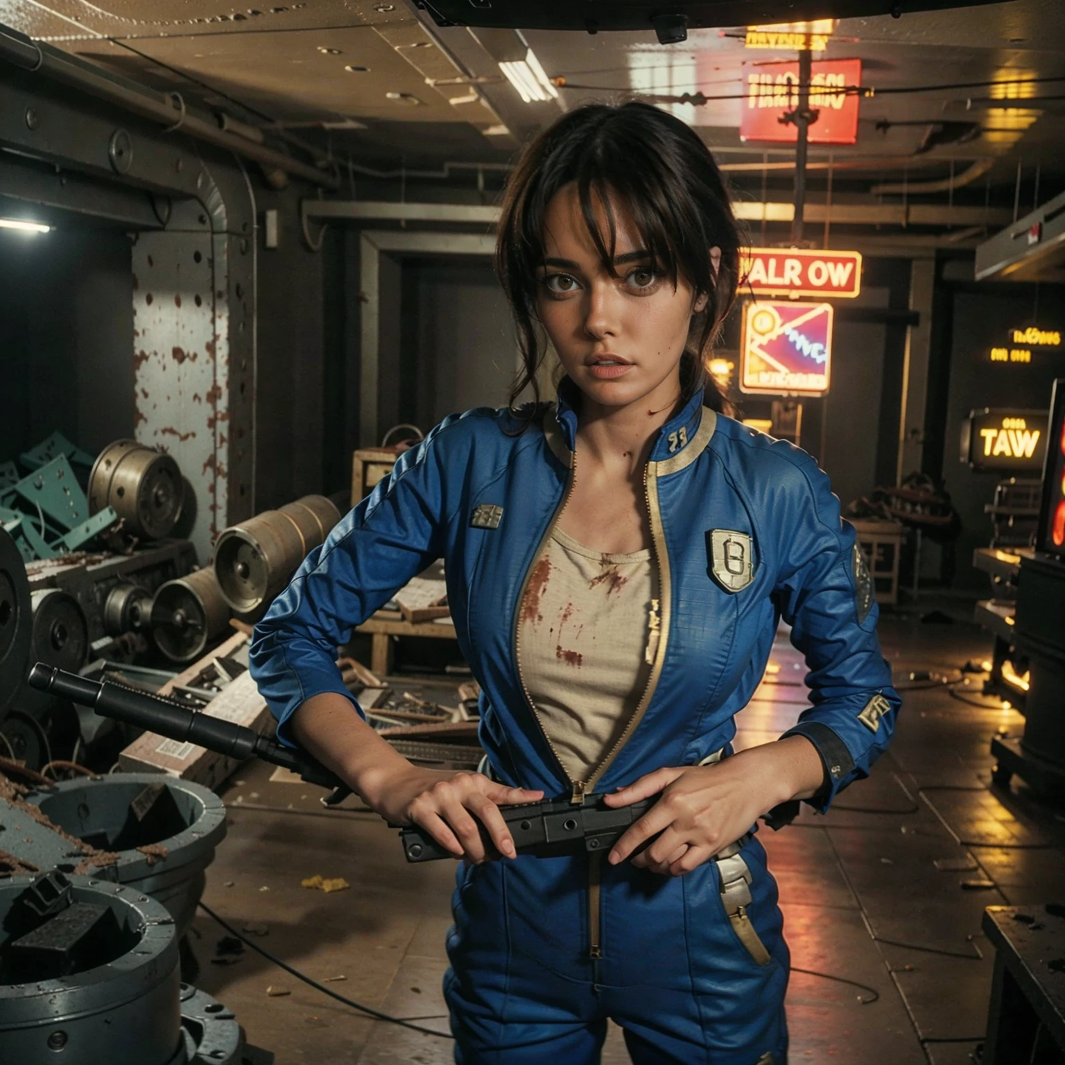 (One person). Fallout TV series. Inside a dimly lit large wreaked smoky room in a post-apocalyptic (casino) in Las Vegas. Vaultsuit Lucy, an 18-year-old vault dweller wearing a blue and gold vaultsuit unzipped top with bloodstains on the t-shirt underneath, her black hair disheveled, with a large ((gun)) in her hand, standing ready to defend herself. Dark room with smoke and small fires in the rubble. Menacing shadows. Dramatic. Cinematic. realistic colors, realistic, photo-realistic.