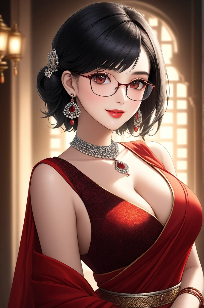 a beautiful young woman, 1girl, hourglass figure, seductive pose, printed design red saree, silky black short hair, aesthetic glasses, heavy silver jhumka earrings, necklace, anklet, cleavage, detailed face with stunning red eyes, full lips, flawless makeup, dark cinematic lighting, dramatic photorealistic effect, masterpiece-level 8k rendering, ultra-detailed, realistic, photo-realistic, hdr, uhd, studio lighting, ultra-fine painting, sharp focus, physically-based rendering, extreme detail description, professional, vivid colors, bokeh, smiling, full body view, bangles, hair accessories, makeup