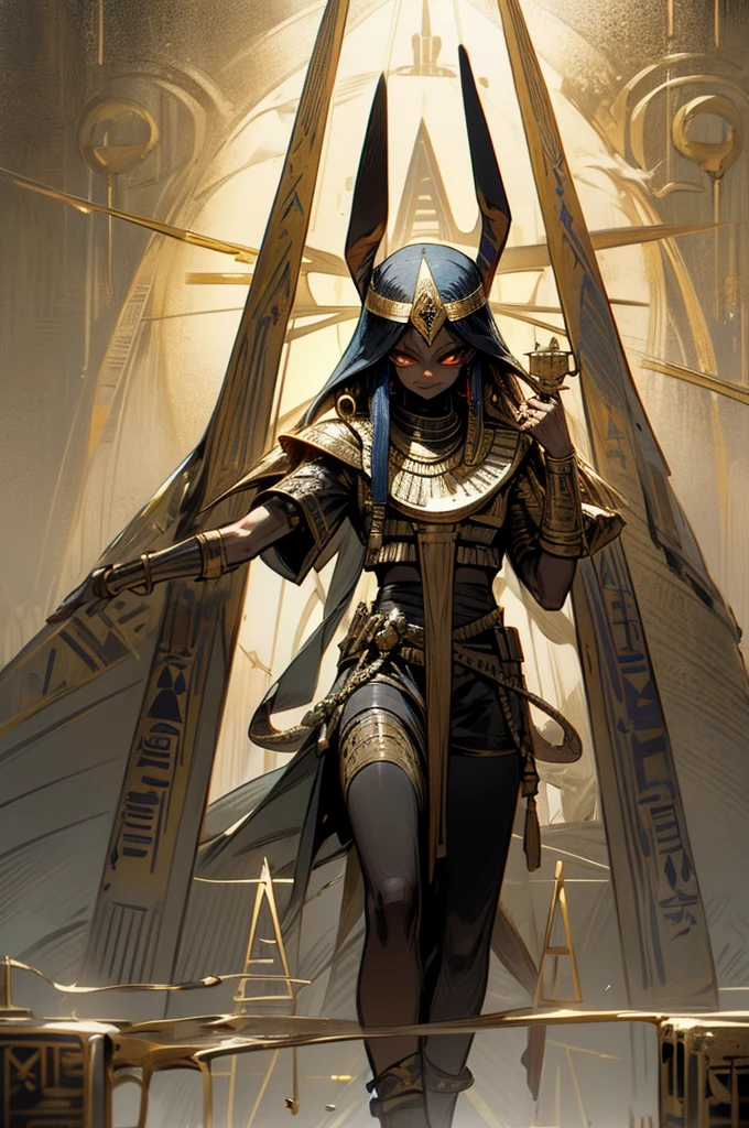 Design detailed characters elements of ancient Egyptian mythology, such as the Eye of Horus, the Ankh, and the pyramids, stand out against intricate, richly colored backgrounds that evoke the mysticism and majesty of ancient Egypt by carrying the logo or blocks shaped like the words "FD" 