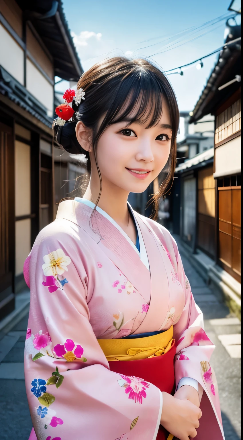 Professional Lighting,(Realistic:1.4), (Top image quality:1.0), (超High resolution:1.0), 8k, Raw photography, (masterpiece:0.2), (Dealing with the Children_v1:0.5)、(最高quality Detail:1.2)、Realistic、8kウルトラHD、High resolution、(1 girl:1.2)、超detailedな、High quality textures、複雑なdetailed、detailed、Very detailed CG、High quality shadows、detailed 美しく繊細な顔、Beautiful details and a delicate eye、(Symmetrical eyes:1.2),Written boundary depth、Ray Tracing,1 girl, Japanese Girls, (Natural smile:1.4),cute, thin, Portrait of a beautiful Japanese woman in a kimono, Standing elegantly on a street corner in Kyoto. Kimono with vibrant traditional patterns, Hair decorated with elegant and delicate hairpins, Gentle expression. (With the old streets of Kyoto in the background:1.4)、The soft light of a spring afternoon、Adding tranquility to the scene. Rendered in a Realistic style with great attention to detail, High resolutionの画像.Sky Porn, Magic Hour, (Realistic:1.3), finely, quality, (Tabletop:1.2), (Realistic:1.2), (最高quality), (複雑なdetailed), dramatic, Ray Tracing, photograph, +roller
