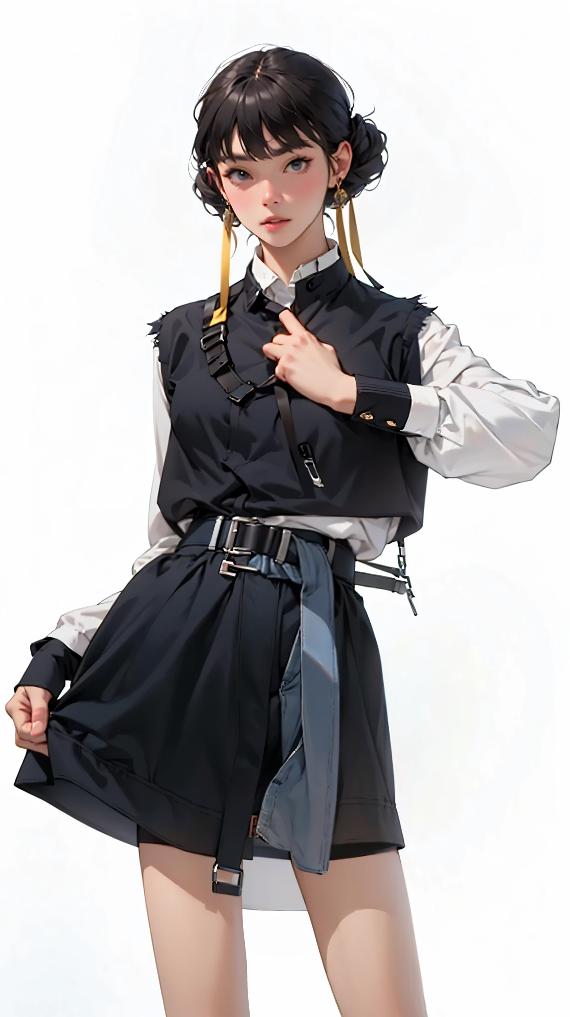 masterpiece, Top quality, Cowboy lens,Women's Focus,(1 Girl,solo,White background,Simple background,Hair Bun,Black Hair,skirt,belt,Looking at the audience,earrings,Jewelry,Long sleeve,Hammerhead,黑色skirt,Standing,Realism,Lips,Bangs,belt,中国风skirt,index finger raised,permanent, Looking at the audience,Shut up,,Simple background,Solid color background,Light background