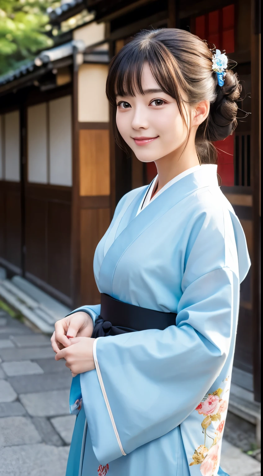 Professional Lighting,(Realistic:1.4), (Top image quality:1.0), (超High resolution:1.0), 8k, Raw photography, (masterpiece:0.2), (Dealing with the Children_v1:0.5)、(最高quality Detail:1.2)、Realistic、8kウルトラHD、High resolution、(1 girl:1.2)、超detailedな、High quality textures、複雑なdetailed、detailed、Very detailed CG、High quality shadows、detailed 美しく繊細な顔、Beautiful details and a delicate eye、(Symmetrical eyes:1.2),Written boundary depth、Ray Tracing,1 girl, Japanese Girls, (Natural smile:1.4),cute, thin, Portrait of a beautiful Japanese woman in a kimono, Standing elegantly on a street corner in Kyoto. Kimono with vibrant traditional patterns, Hair decorated with elegant and delicate hairpins, Gentle expression. (With the old streets of Kyoto in the background:1.4)、The soft light of a spring afternoon、Adding tranquility to the scene. Rendered in a Realistic style with great attention to detail, High resolutionの画像.Sky Porn, Magic Hour, (Realistic:1.3), finely, quality, (Tabletop:1.2), (Realistic:1.2), (最高quality), (複雑なdetailed), dramatic, Ray Tracing, photograph, +roller