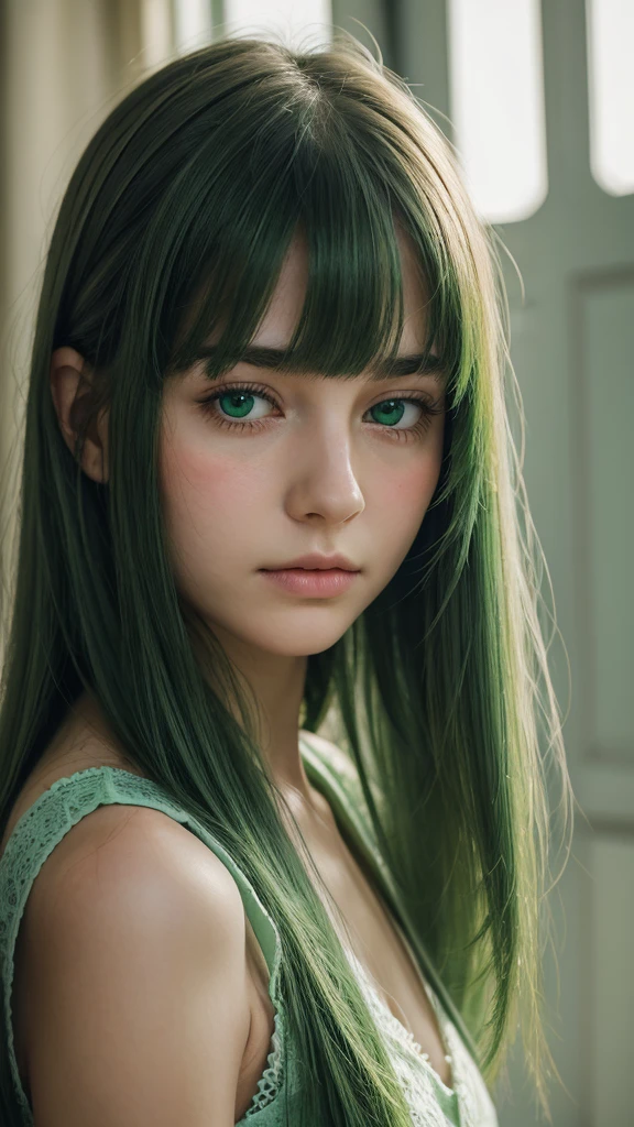 a girl. Europe. Extremely detailed face. Oval face. delicate facial features. half-closed eyes. long straight hair. messy hair. bangs. green hair. green eyes. afraid. Sad. shy. straight face