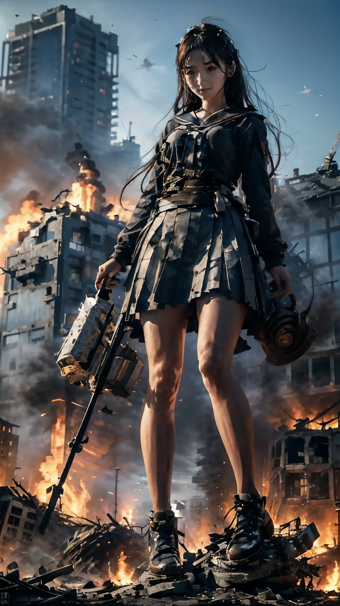 (Giantess elements, high resolution, high quality, accurate body structure, detailed body), Japanese high school girl, sailor uniform, towering giant girl, looking up at approaching woman from below, giant attacks city, cute, girl destroying small town, destroying small town, mischievous expression, Japanese language, white skin, smile, trampling buildings, rubble, burning small town, destroyed small building, collapsed highway, car being crushed, evacuation of residents, sunset, burning small town, please, walk, trample, anatomically correct, accurate human body, accurate skeleton, full body portrait, blue eyes, rubble scattered at feet, taller than skyscrapers, big impact, amazing, giantess elements, drawing women big, increasing destructive elements, making city smaller, rampaging, city, building,