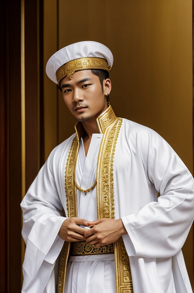 Photograph of a male concubine with white clothes and with gold details on all the clothes