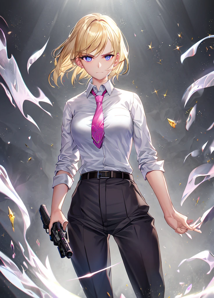best quality,highres,masterpiece,sparkles,ornate,bloom light,ambilight,halatio,detail skin,((skin glowing, subsurface scattering)),particles,ray tracing,1girl,black belt, blonde hair, closed mouth, collared shirt, grey pants, grey suit, gun, hand in pocket, holding gun, necktie, photo background, pink necktie, serious, white shirt, solo, looking at viewer, short hair, bangs, long sleeves, standing, white shirt, formal, handgun, cowboy shot