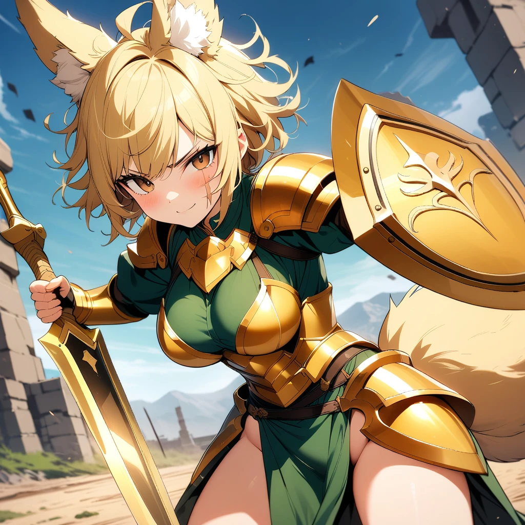 (masterpiece,best quality,very aesthetic),(ultra-detailed),high saturation,nsfw,1girl,30yo,curvy,large breasts,tall,stout build,bewitching,(blonde fox ears),(a fox tail),(blonde hair,short hair,messy hair),disheveled hair,(brown eyes),beautiful face,dark green kimono,dark green pelvic curtain,(golden Armor of the Legendary Heroes,golden sword of the Legendary Heroes,golden shield of the Legendary Heroes:1.2),light smile,comfortable,(smirk:0.8),(scar on cheek,scar on breasts:1.2),fighting stance,slashing,BREAK,summer sky,battlefield,daytime,View of the deserted grounds,sideways glance,cowboy shot