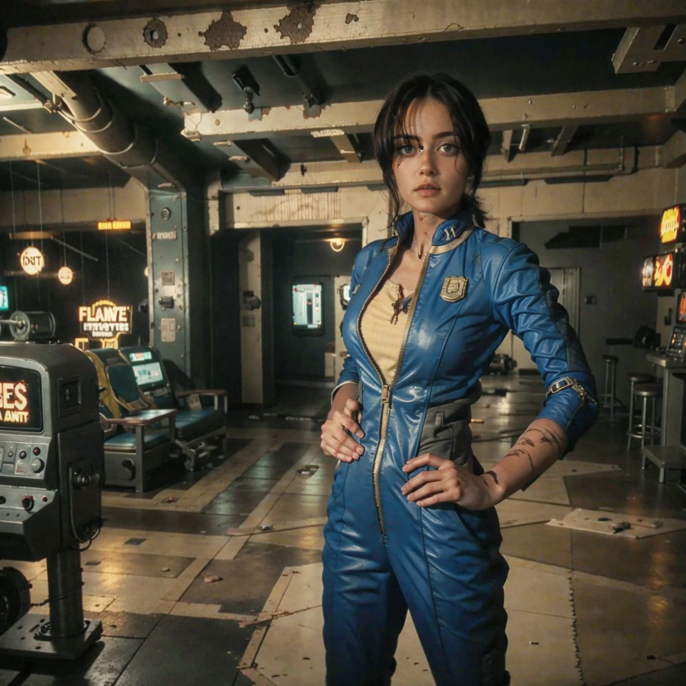 (One person). Fallout TV series. Inside a dimly lit large wreaked smoky room in a post-apocalyptic (casino) in Las Vegas. Vaultsuit Lucy, an 18-year-old vault dweller wearing a blue and gold vaultsuit unzipped top with bloodstains on the t-shirt underneath, her black hair disheveled, with a large gun in her hand, standing ready to defend herself. Dark room with smoke and small fires in the rubble. Menacing shadows. Dramatic. Cinematic. realistic colors, realistic, photo-realistic.
