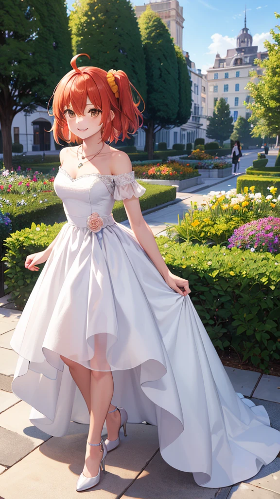 masterpiece, best quality, highres, aaritsuka, short hair, ahoge, hair scrunchie, orange scrunchie, smile, city, garden, wedding dress, off the shoulder, collarbone, necklace, jewelry, high heels