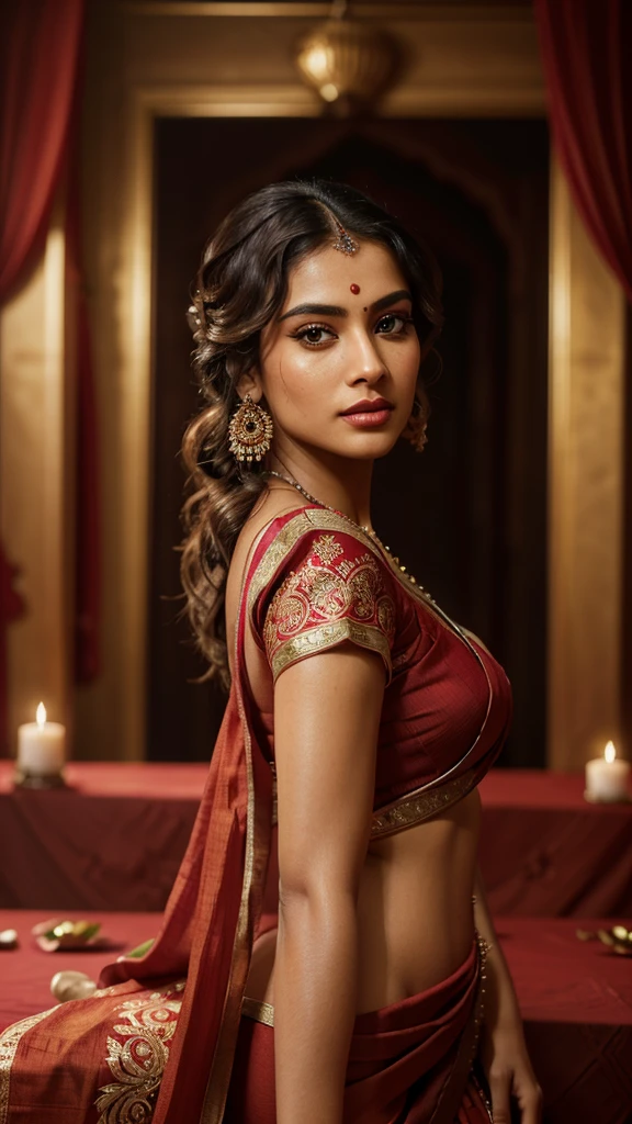 (Highly Detailed, Portrait, Intricate, Attractive Body, Beautiful Eyes, Beautiful Lips, Extremely Detailed Face, Long Eyelashes), ((Full Body Portrait)), Cinematic, Portrait, Dynamic Lighting, Most Beautiful Portrait, Indian Celebrity, (Wearing Traditional Indian Red Sari), Traditional Indian Clothing, Indian Jewelry, Symmetrical Face, Stunning Art, Intense Look, Detailed, Red Lips, Messy Strands of Hair, Detailed Hair, Intense Look, (Best Quality, 4k, 8k, High-Res, Masterpiece: 1.2), Ultra-Detailed, (Realistic, Photorealistic, Photorealistic: 1.37), Vivid Colors, Sharp Focus, Portrait, Studio Lighting, A large golden book on a table in a dark room, (SFW), (Light Skin Tone)