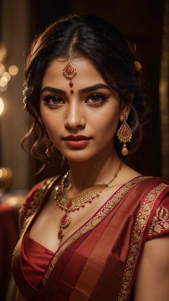 (Highly Detailed, Portrait, Intricate, Attractive Body, Beautiful Eyes, Beautiful Lips, Extremely Detailed Face, Long Eyelashes), ((Full Body Portrait)), Cinematic, Portrait, Dynamic Lighting, Most Beautiful Portrait, Indian Celebrity, (Wearing Traditional Indian Red Sari), Traditional Indian Clothing, Indian Jewelry, Symmetrical Face, Stunning Art, Intense Look, Detailed, Red Lips, Messy Strands of Hair, Detailed Hair, Intense Look, (Best Quality, 4k, 8k, High-Res, Masterpiece: 1.2), Ultra-Detailed, (Realistic, Photorealistic, Photorealistic: 1.37), Vivid Colors, Sharp Focus, Portrait, Studio Lighting, A large golden book on a table in a dark room, (SFW), (Light Skin Tone)