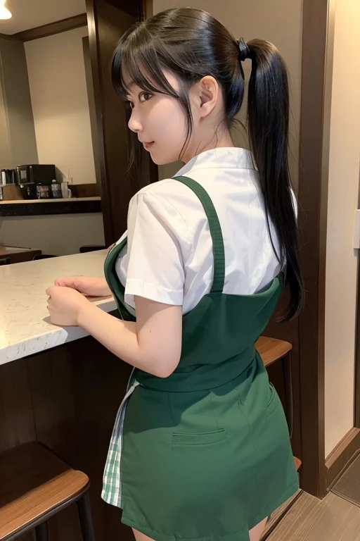One girl, High resolution, Japanese women in their 20s、Black Hair、Shortcuts、green apron、Green Skirt、restaurant clerk、Twin tails
、Turn your back