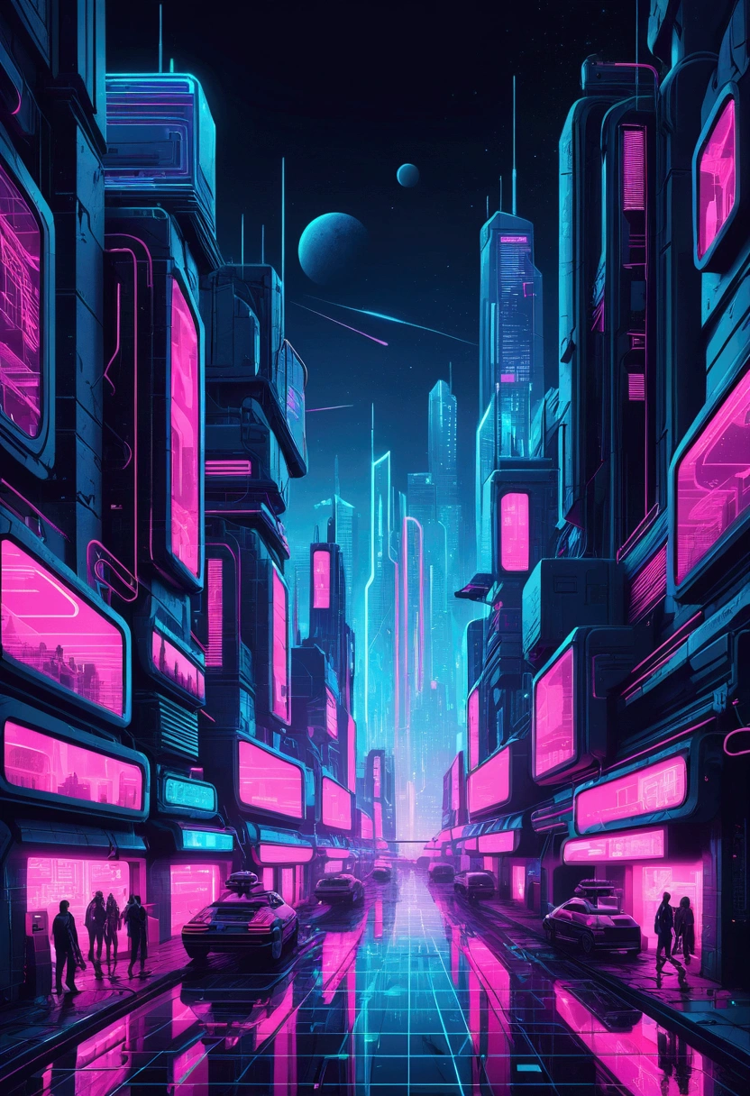 Create a t-shirt design with a cyberpunk illustration of a futuristic city. Use neon colors like pink and blue, and include elements such as holograms and glitch graphics. Apply a halftone and noise effect for a retro futuristic finish.