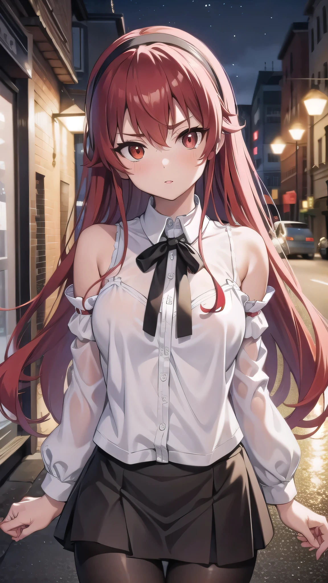BREAK looking at viewer, BREAK (masterpiece:1.2), best quality, high resolution, unity 8k wallpaper, (illustration:0.8), (beautiful detailed eyes:1.6), extremely detailed face, perfect lighting, extremely detailed CG, (perfect hands, perfect anatomy),city,in street,night,wet road,reflections,eris greyrat, ahoge, hair between eyes, long hair, (red eyes:1.5), red hair, sidelocks, (medium breast:1.2),bare arms, bare shoulders, black hairband, black ribbon, brown skirt, hairband, long sleeves, neck ribbon, pantyhose, ribbon, shirt, shoulder cutout, skirt, white pantyhose, white shirt, wide sleeves,cleavege,neckline,nipples see through,nipples,unbuttoned shirt,open shirt,showing bra,upskirt,showing panties,nsfw.