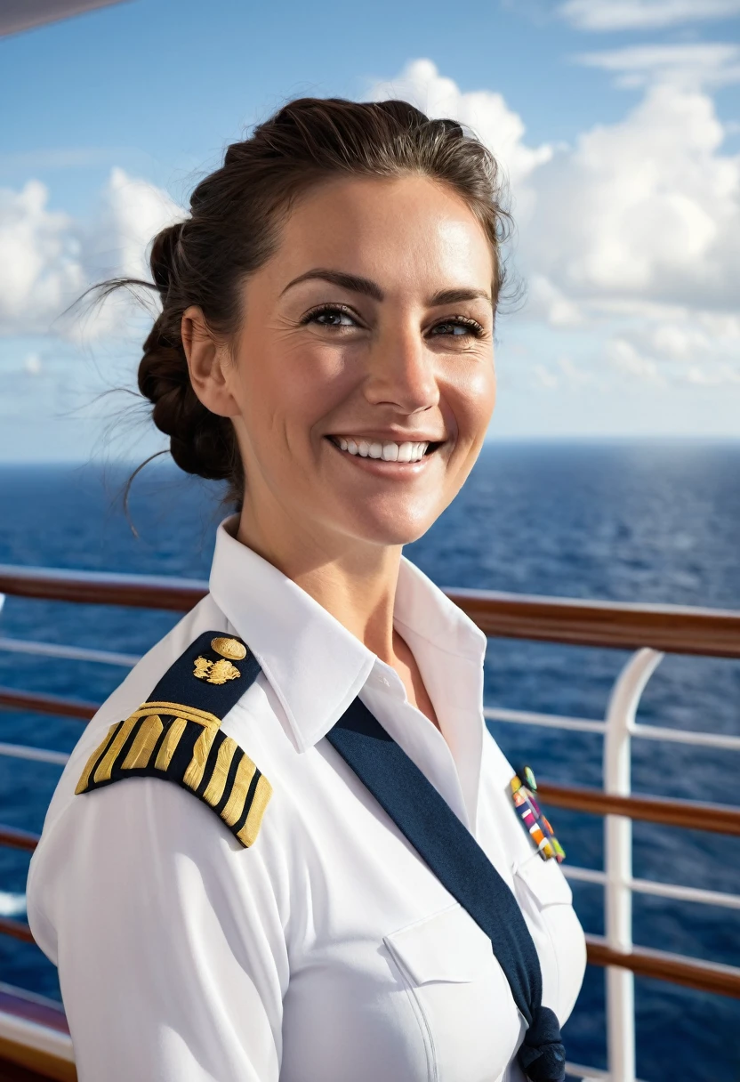 8K quality, ultra-high definition realism, a smiling mature woman, on the upper deck of a luxury cruise ship, she is a female navigator, wearing a white seaman's officer's uniform, on the clear Mediterranean sea, white clouds can be seen in the distance, the sun is strong, the wind is blowing strongly and hitting her, her hair is tightly braided and tied up in a bun with brunette, her face is tanned, she has a large chest, is tall, and has a large build, she is an intelligent beauty with bright eyes, long eyelashes, her chin is cleft, and you can feel her strength of will, her eyes and face are drawn in detail, the shadows are dark, the camera captures her smiling as the wind blows on the upper deck.