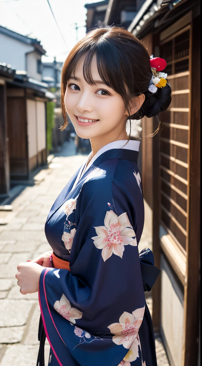 Professional Lighting,(Realistic:1.4), (Top image quality:1.0), (超High resolution:1.0), 8k, Raw photography, (masterpiece:0.2), (Dealing with the Children_v1:0.5)、(最高quality Detail:1.2)、Realistic、8kウルトラHD、High resolution、(1 girl:1.2)、超detailedな、High quality textures、複雑なdetailed、detailed、Very detailed CG、High quality shadows、detailed 美しく繊細な顔、Beautiful details and a delicate eye、(Symmetrical eyes:1.2),Written boundary depth、Ray Tracing,1 girl, Japanese Girls, (Natural smile:1.4),cute, thin, Portrait of a beautiful Japanese woman in a kimono, Standing elegantly on a street corner in Kyoto. Kimono with vibrant traditional patterns, Hair decorated with elegant and delicate hairpins, Gentle expression. (With the old streets of Kyoto in the background:1.4)、The soft light of a spring afternoon、Adding tranquility to the scene. Rendered in a Realistic style with great attention to detail, High resolutionの画像.Sky Porn, Magic Hour, (Realistic:1.3), finely, quality, (Tabletop:1.2), (Realistic:1.2), (最高quality), (複雑なdetailed), dramatic, Ray Tracing, photograph, +roller