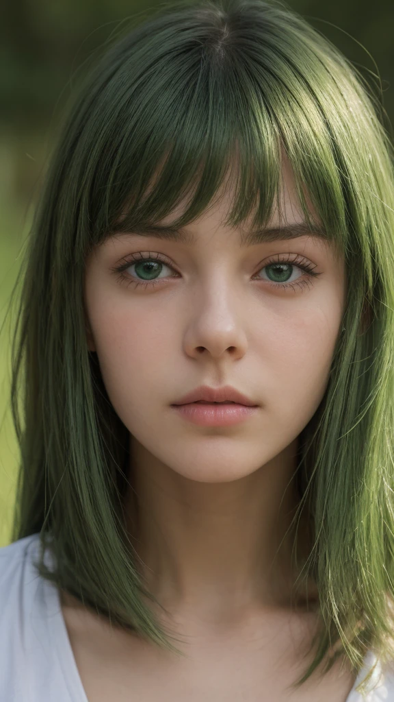 a girl. Europe. Extremely detailed face. Oval face. delicate facial features. half-closed eyes. long straight hair. messy hair. bangs. green hair. green eyes. afraid. Sad. shy. straight face
