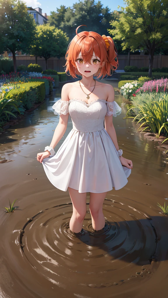 masterpiece, best quality, highres, aaritsuka, short hair, ahoge, hair scrunchie, orange scrunchie, city, garden, wedding dress, off the shoulder, collarbone, necklace, jewelry, (sinking in mud), (tears in her eyes), standing