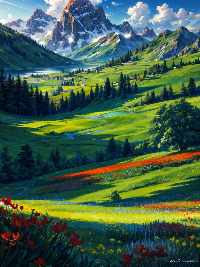 masterpiece,best quality,lycoris,flower field,depth of field, dawn,blue sky, sunrise,glow,lake summer time, green leaves , mountain ((tileset))
