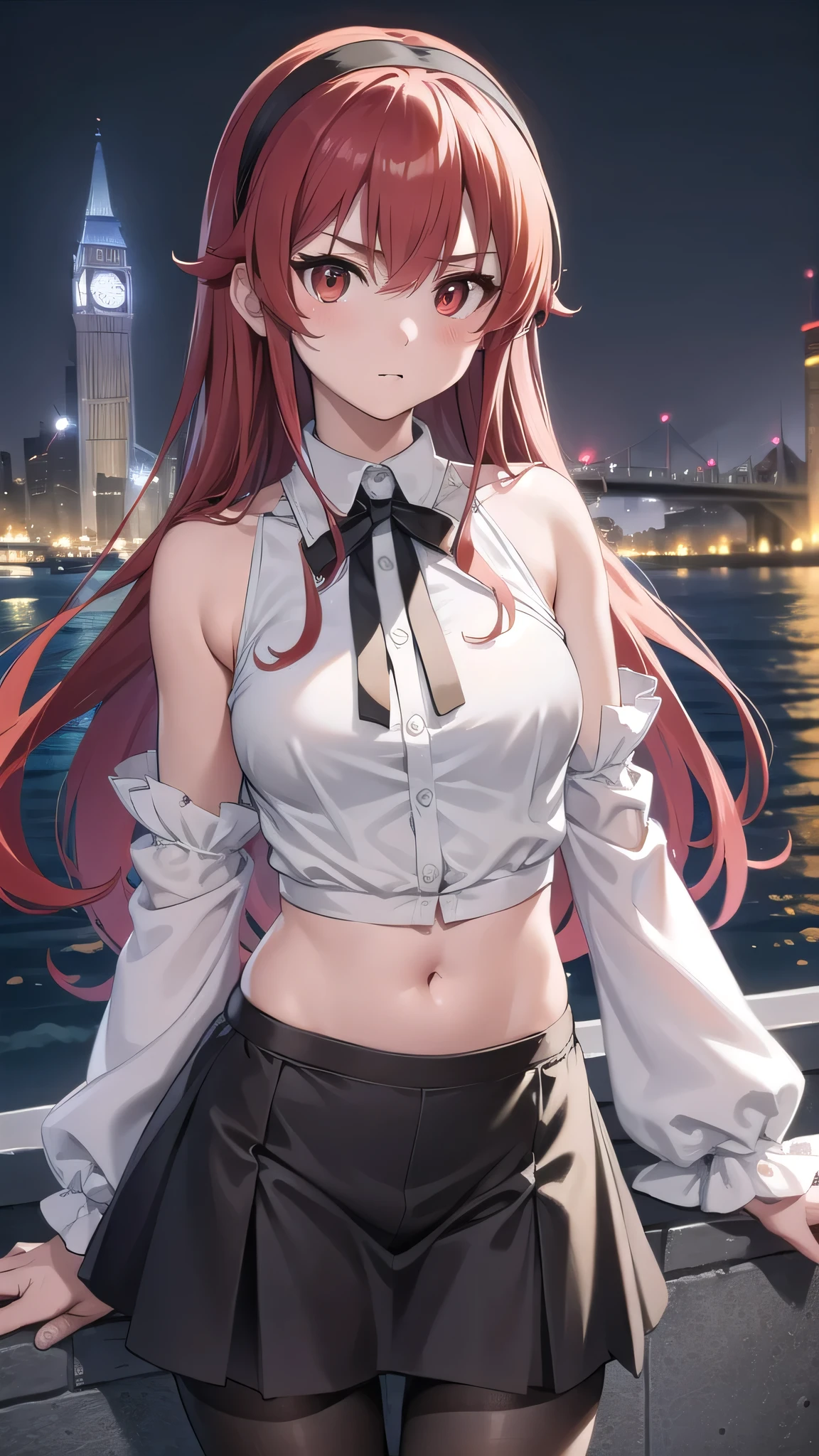 BREAK looking at viewer, BREAK (masterpiece:1.2), best quality, high resolution, unity 8k wallpaper, (illustration:0.8), (beautiful detailed eyes:1.6), extremely detailed face, perfect lighting, extremely detailed CG, (perfect hands, perfect anatomy),city,in street,night,wet road,reflections,eris greyrat, ahoge, hair between eyes, long hair, (red eyes:1.5), red hair, sidelocks, (medium breast:1.2),bare arms, bare shoulders, black hairband, black ribbon, brown skirt, hairband, long sleeves, neck ribbon, pantyhose, ribbon, shirt, shoulder cutout, skirt, white pantyhose, white shirt, wide sleeves,cleavege,neckline,nipples see through,nipples,unbuttoned shirt,open shirt,showing bra,upskirt,showing panties,nsfw.
