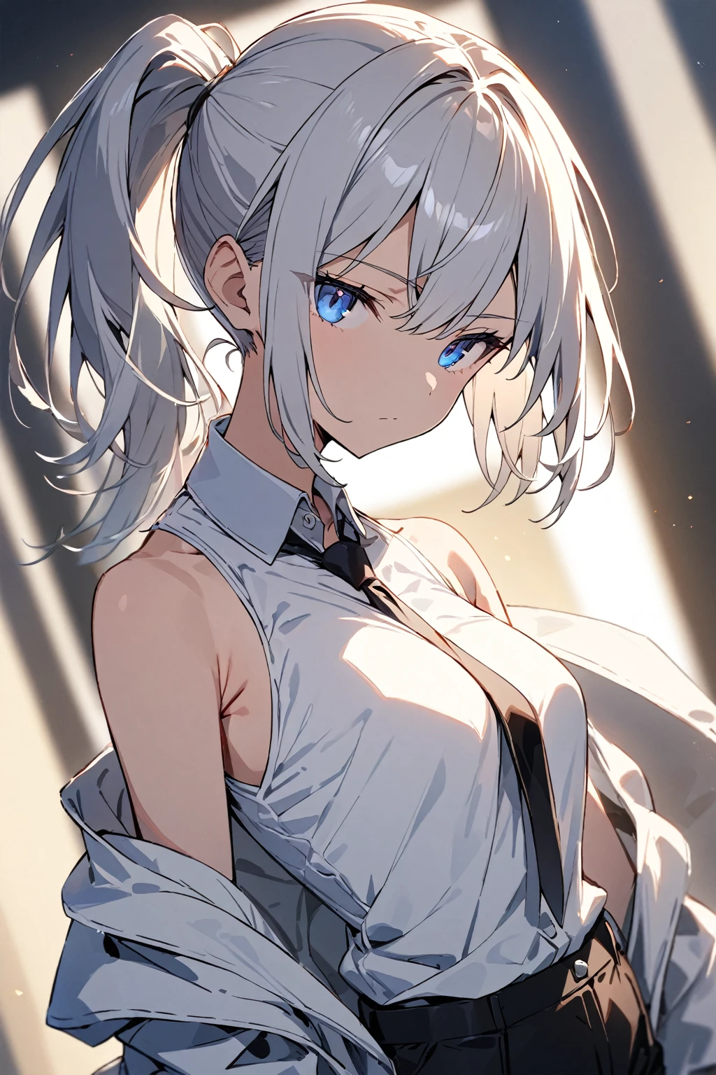 (full body), ((wind)), ((upper body)), ((thick thighs)), ((close-up)), (portrait) (((masterpiece))), (highest quality), ((perfect face)), very deep eyes, (cinematic lighting), detailed eyes, best quality, sidelight, highres, (intricate details), detailed finger, (illustration:1. 1), highres, (beautiful face:1. 15), trending on artstation, superb, 8k wallpaper, extremely detailed, intricate, award-winning, hyper-detailed, photorealistic background, fate \(series\), Makima, braided hair, braid visible, big breasts , in costume, black costume , white shirt ,black tie, nude