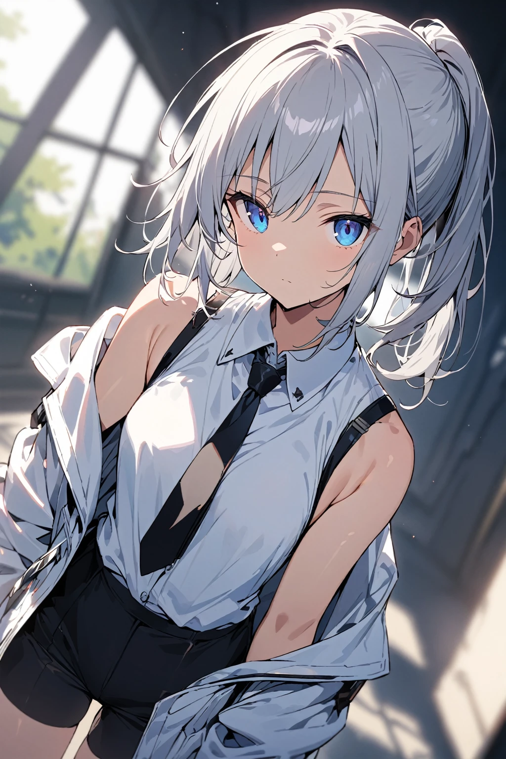 a handsome girl, solo, silver hair, pony tail, blue eyes, white jacket, sleeveless white shirt, off shoulder, tie, black shorts, expressionless, blurry background, perfect lighting, perfect angle, masterpiece, best quality, extremely detailed face