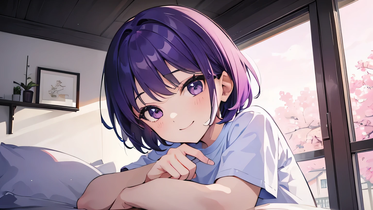(T Masterpiece，4K wallpaper，Best Quality))、((girl１people))、(solo)、Bright and Brilliant，(Purple Hair)、(short hair:1.3)、smile、Bedroom、T-Shirts、night