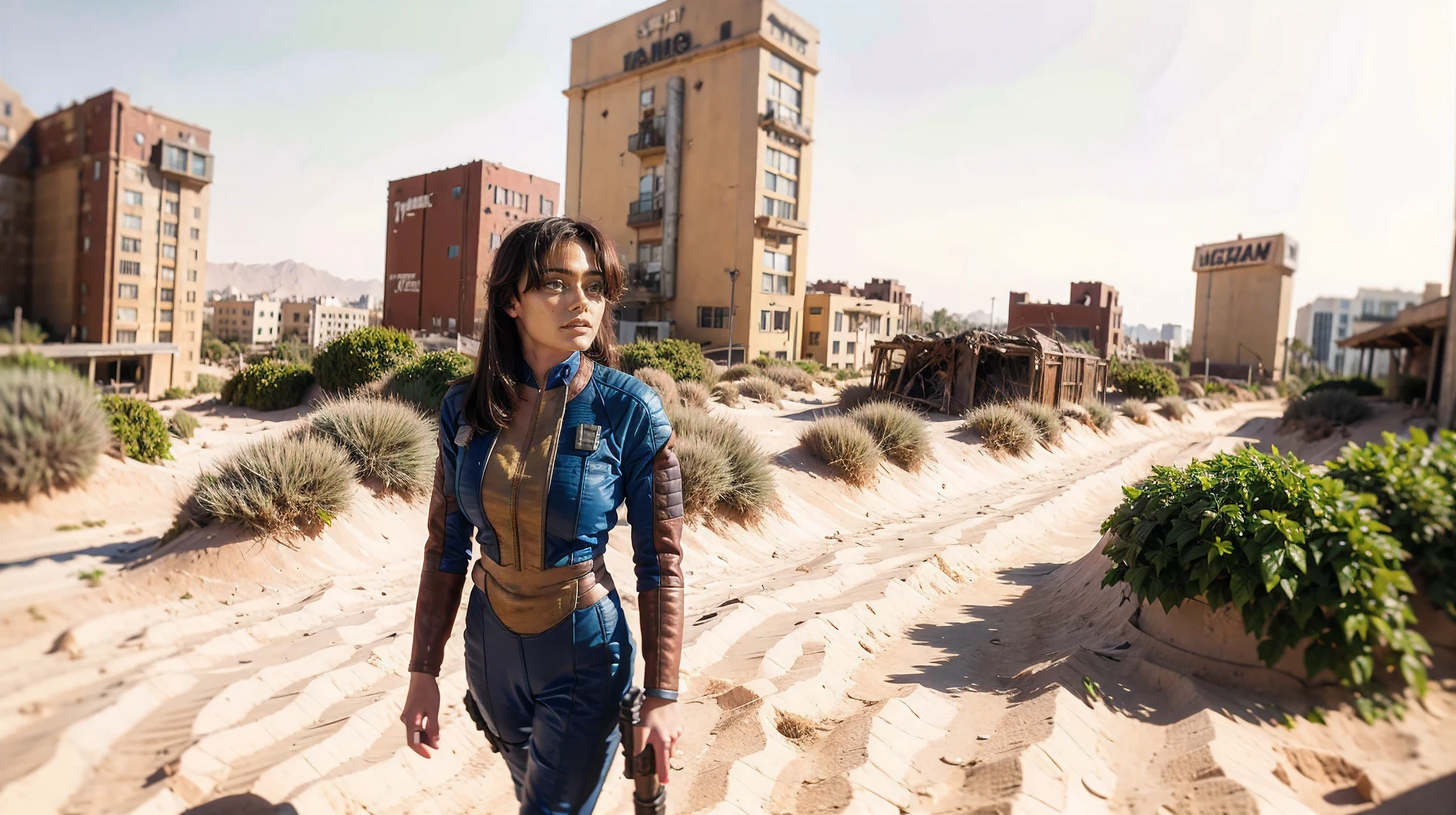 There is an 18 year old girl wearing a black and gold vaultsuit -Vaultsuit Lucy-  walking through a ruined city ((holding a large fallout gun)), in a post-apocalyptic Las-Vegas city, destroyed casino buildings, (overgrown with vegetation), helicopter crash wreak, old rusty 1950's American cars, dead deathclaw mutants vegetation next to buildings. professionally color graded, professional photography, well drawn, masterpiece, hyper realistic, ultra detailed, high quality, best quality, 4k, 8k, raw, detailed