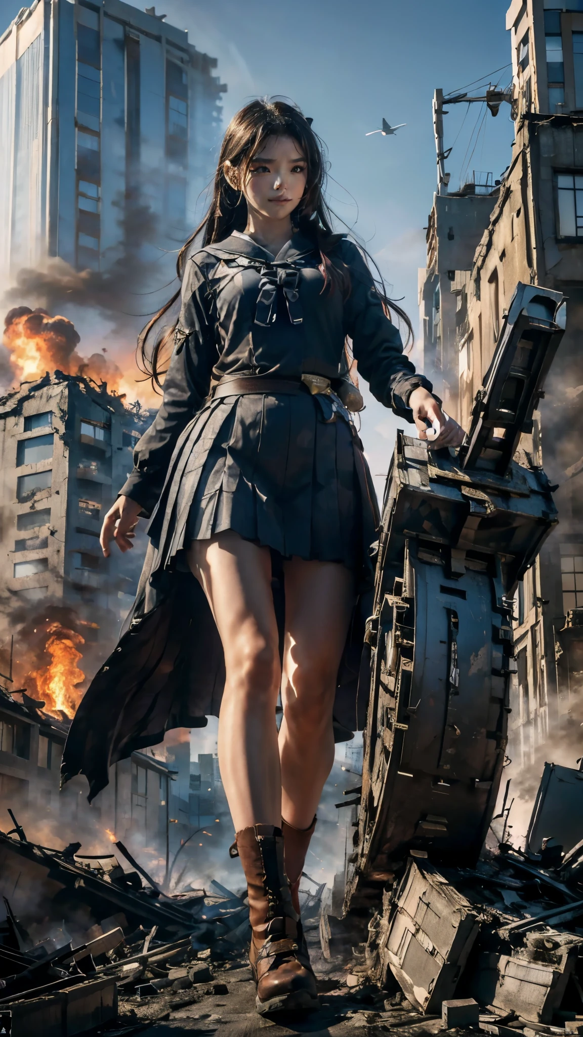 (Giantess elements, high resolution, high quality, accurate body structure, detailed body), Japanese high school girl, sailor uniform, towering giant girl, looking up at approaching woman from below, giant attacks city, cute, girl destroying small town, destroying small town, mischievous expression, Japanese language, white skin, smile, trampling buildings, rubble, burning small town, destroyed small building, collapsed highway, car being crushed, evacuation of residents, sunset, burning small town, please, walk, trample, anatomically correct, accurate human body, accurate skeleton, full body portrait, blue eyes, rubble scattered at feet, taller than skyscrapers, big impact, amazing, giantess elements, drawing women big, increasing destructive elements, making city smaller, rampaging, city, building,