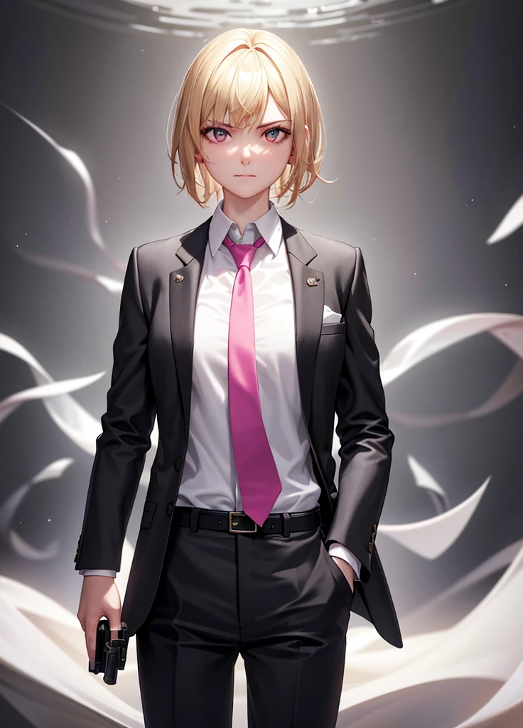 best quality,highres,masterpiece,sparkles,ornate,bloom light,ambilight,halatio,detail skin,((skin glowing, subsurface scattering)),particles,ray tracing,1girl,black belt, blonde hair, closed mouth, collared shirt, grey pants, grey suit, gun, hand in pocket, holding gun, necktie, photo background, pink necktie, serious, white shirt, solo, looking at viewer, short hair, bangs, long sleeves, standing, white shirt, formal, handgun, cowboy shot