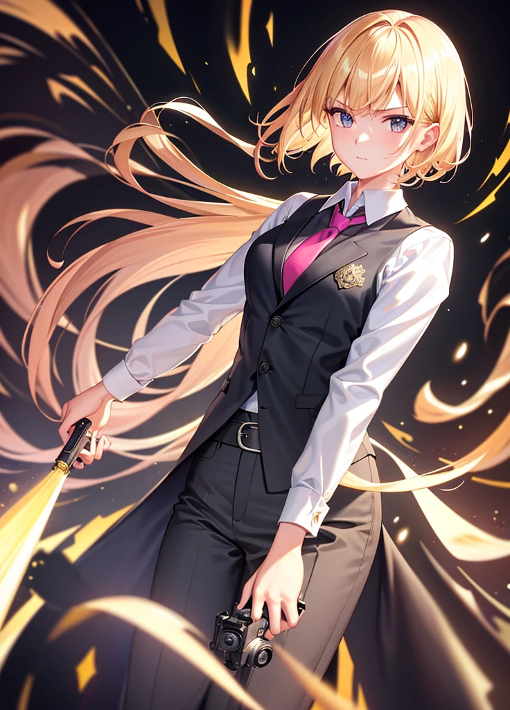best quality,highres,masterpiece,sparkles,ornate,bloom light,ambilight,halatio,detail skin,((skin glowing, subsurface scattering)),particles,ray tracing,1girl,black belt, blonde hair, closed mouth, collared shirt, grey pants, grey suit, gun, hand in pocket, holding gun, necktie, photo background, pink necktie, serious, white shirt, solo, looking at viewer, short hair, bangs, long sleeves, standing, white shirt, formal, handgun, cowboy shot