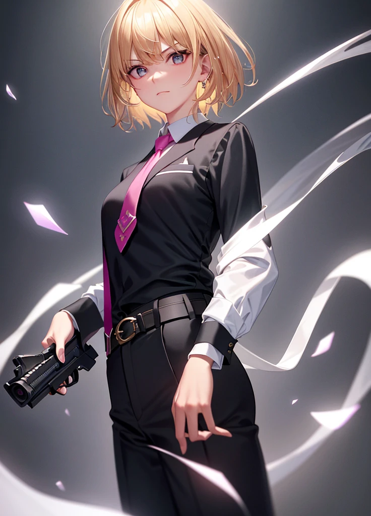 best quality,highres,masterpiece,sparkles,ornate,bloom light,ambilight,halatio,detail skin,((skin glowing, subsurface scattering)),particles,ray tracing,1girl,black belt, blonde hair, closed mouth, collared shirt, grey pants, grey suit, gun, hand in pocket, holding gun, necktie, photo background, pink necktie, serious, white shirt, solo, looking at viewer, short hair, bangs, long sleeves, standing, white shirt, formal, handgun, cowboy shot