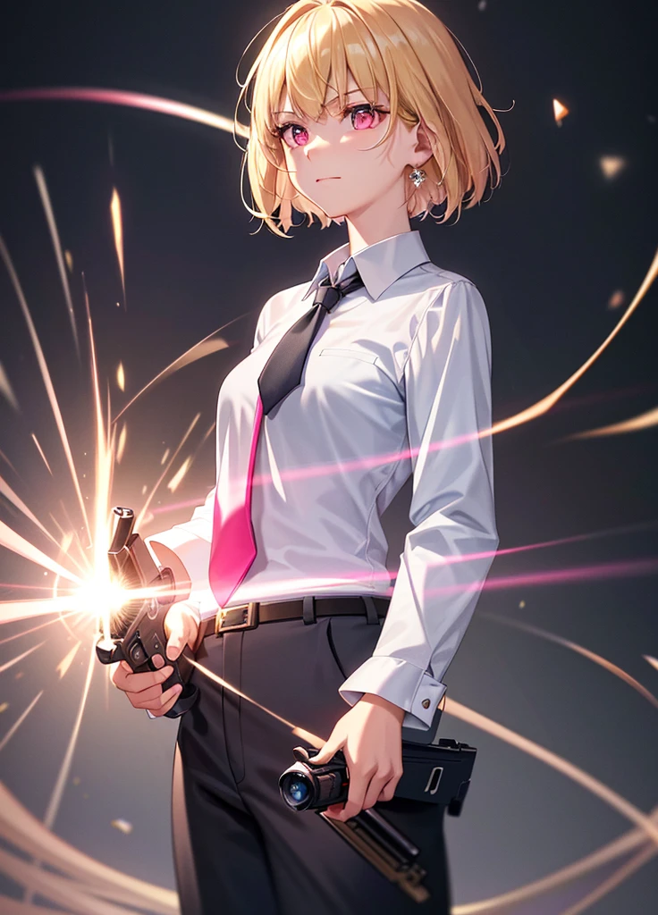 best quality,highres,masterpiece,sparkles,ornate,bloom light,ambilight,halatio,detail skin,((skin glowing, subsurface scattering)),particles,ray tracing,1girl,black belt, blonde hair, closed mouth, collared shirt, grey pants, grey suit, gun, hand in pocket, holding gun, necktie, photo background, pink necktie, serious, white shirt, solo, looking at viewer, short hair, bangs, long sleeves, standing, white shirt, formal, handgun, cowboy shot