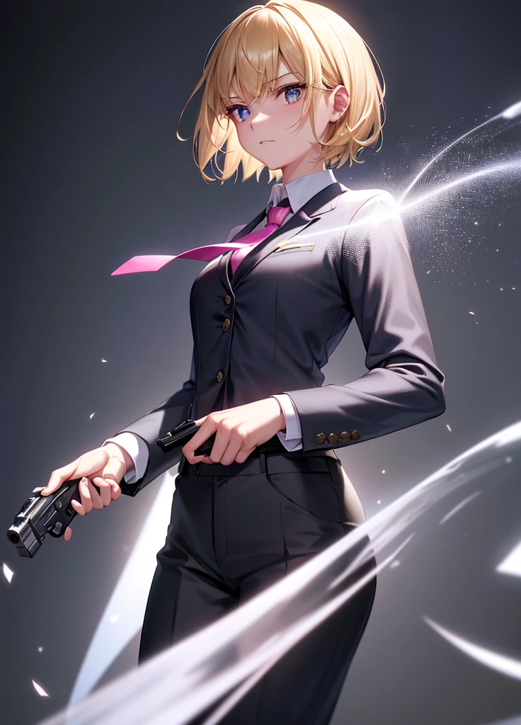 best quality,highres,masterpiece,sparkles,ornate,bloom light,ambilight,halatio,detail skin,((skin glowing, subsurface scattering)),particles,ray tracing,1girl,black belt, blonde hair, closed mouth, collared shirt, grey pants, grey suit, gun, hand in pocket, holding gun, necktie, photo background, pink necktie, serious, white shirt, solo, looking at viewer, short hair, bangs, long sleeves, standing, white shirt, formal, handgun, cowboy shot