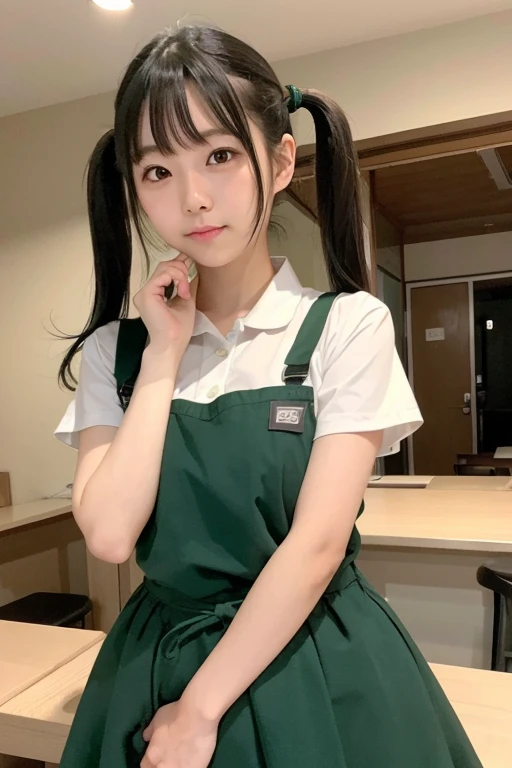One girl, High resolution, Japanese women in their 20s、Black Hair、Shortcuts、green apron、Green long skirt、restaurant clerk、Twin tails