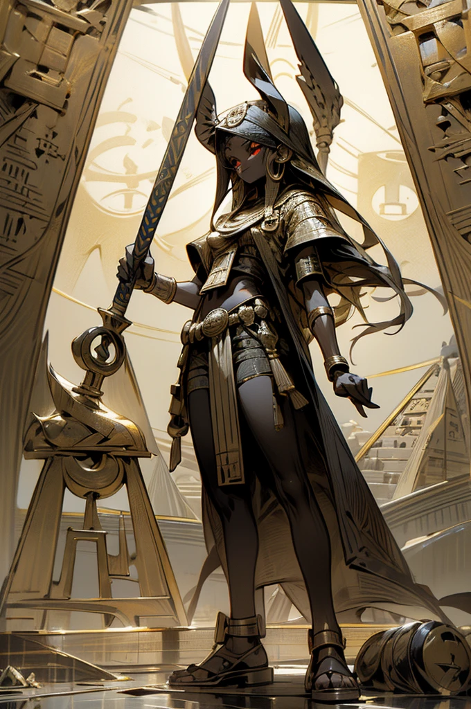 Design a LOGO detailing elements of ancient Egyptian mythology, such as the Eye of Horus, the Ankh, and the pyramids, standing out against an intricate, richly colored background that evokes the mysticism and majesty of ancient Egypt by holding the logo or blocks shaped like the words "FD"