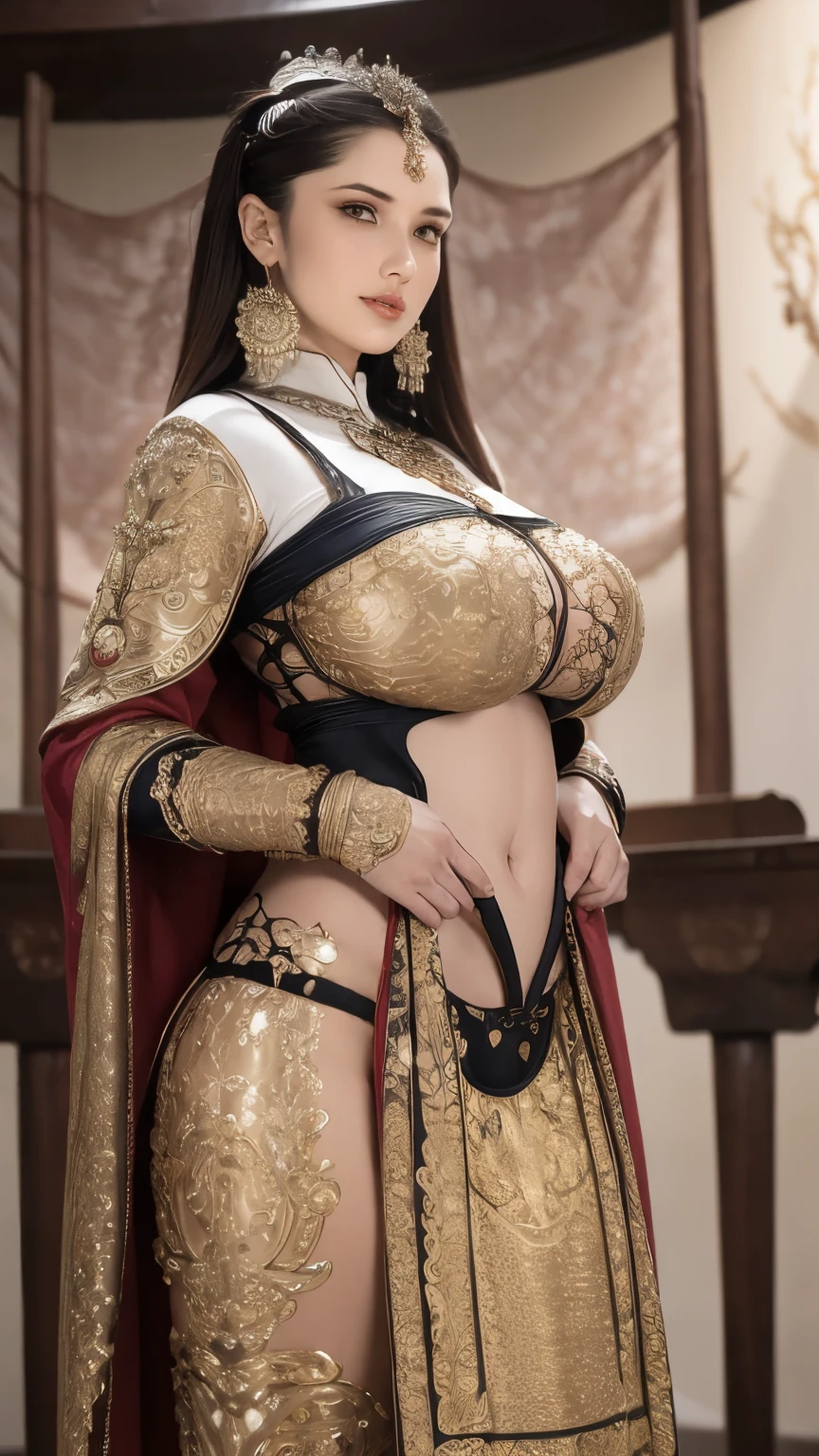 Beautiful attractive woman in tights, Micro T String , Intricate chain jewellery strap, Beautiful round breasts, Large Breasts, Press chest together ,Mid-range and long-range shots ,Elegant posture, Intricate designs and patterns in the style of Alphonse Mucha,Religious Place Background，Breasts larger than torso，camel toe，Fengguanxiapei。crown。