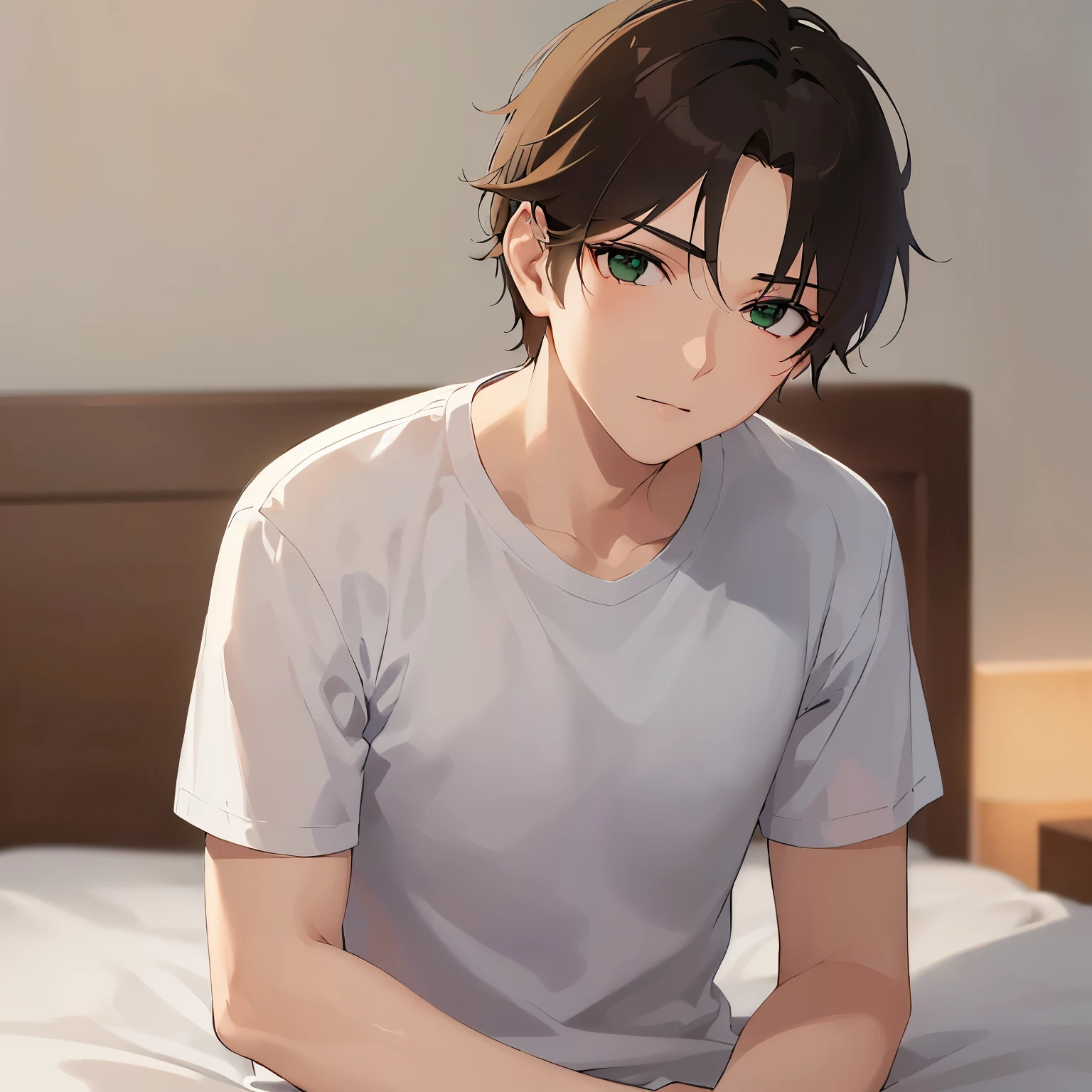 bedroom, shiny skin, masterpiece、Highest quality、(25-year-old male:1.5) and (Brown short hair) and (Green Eyes) and (half closed eyes), BREAK (White T-shirt) BREAK、sleepy, (Alone:1.5)、Upper body is shown