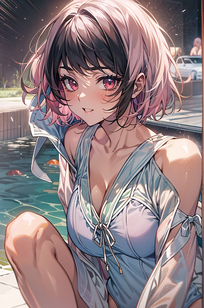 Masterpiece,Highest quality,8k,Ultra-high resolution,appropriate margins,Depict the whole body,BREAK,(1 person),Very beautiful adult woman,Slim body,(Very ample large breasts),Deep cleavage,Moisturized Skin,BREAK,(Black Hair),Forehead,mascara,Red eyeliner,Light pink lip,Thin teak,Thin eyebrows,BREAK,Light purple eyes,BREAK,Bright expression,Open your mouth a little,BREAK,Short Hair,BREAK,(School Swimsuit),(),BREAK,Eye contact