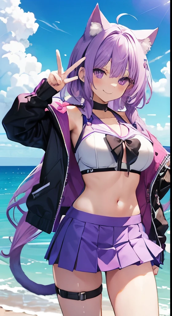 Purple Hair　Cat ear　Purple Eyes　high school girl　Swimwear　beach　One-handed peace sign　A shy smile　Brat　Big Breasts　mini skirt　Upper Body