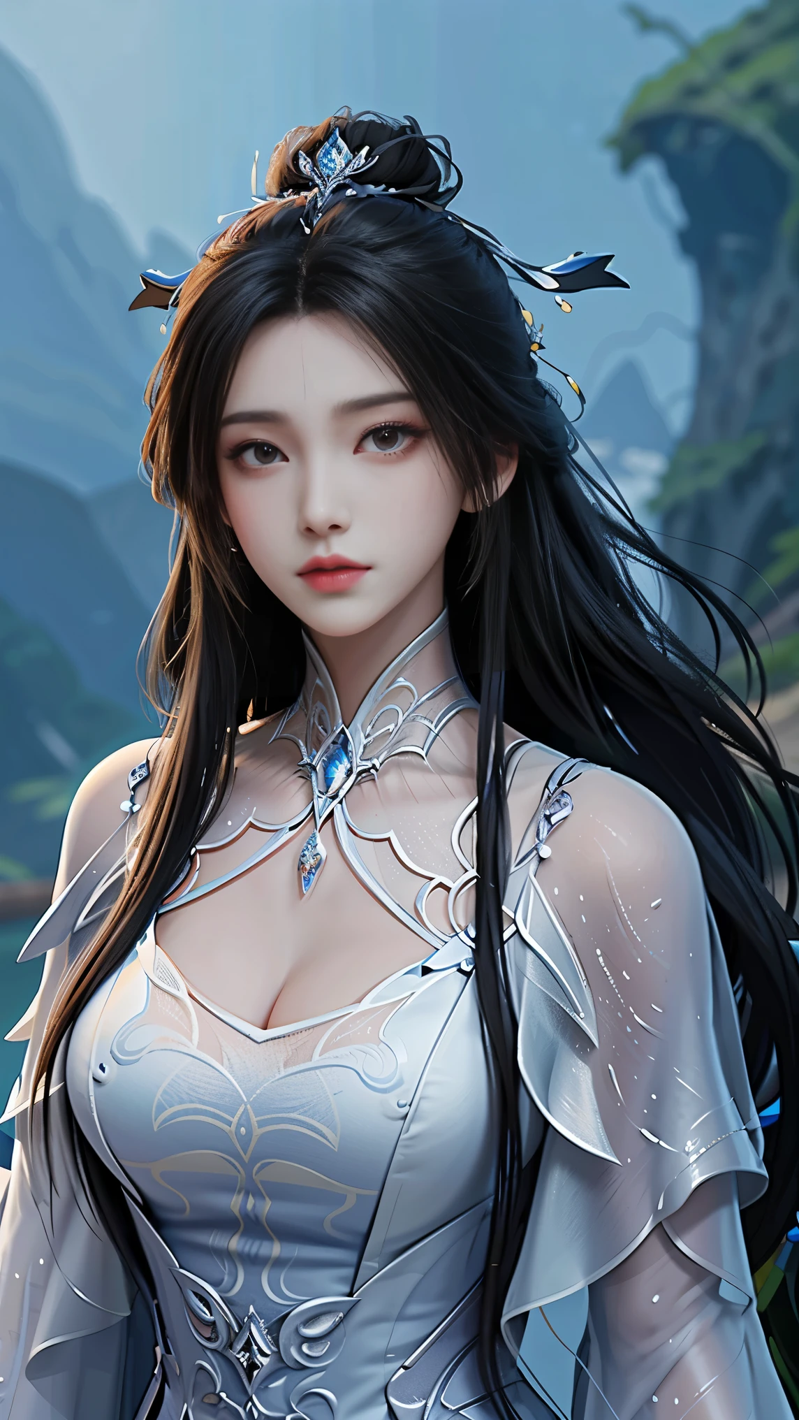 best quality, tmasterpiece,Ultra-high resolution,Clear face,(Reality:1.4),qipao, perfect lighting,(upper body photo), (photorealistic:1.50), anime wallpaper, Guviz style artwork , cover-up fantasy to magic, by Yang J, Guviz, beautiful artwork illustration, beautiful digital artwork, beautiful digital illustration, Li Song, beautiful anime portrait, art style at Beauvot, 1girl,solo, long hair, black hair, hair ornament, Chinese dress, full body view, big breast,