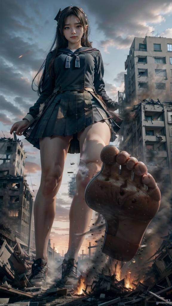 (Giantess elements, high resolution, high quality, accurate body structure, detailed body), Japanese high school girl, sailor uniform, towering giant girl, looking up at approaching woman from below, giant attacks city, cute, girl destroying small town, destroying small town, mischievous expression, Japanese language, white skin, smile, trampling buildings, rubble, burning small town, destroyed small building, collapsed highway, car being crushed, evacuation of residents, sunset, burning small town, please, walk, trample, anatomically correct, accurate human body, accurate skeleton, full body portrait, blue eyes, rubble scattered at feet, taller than skyscrapers, big impact, amazing, giantess elements, drawing women big, increasing destructive elements, making city smaller, rampaging, city, building,